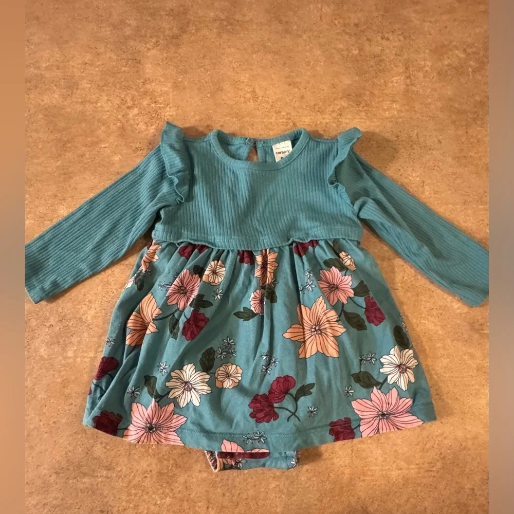 Baby Girl Long Sleeve Floral Teal Baby Dress, Size 9M